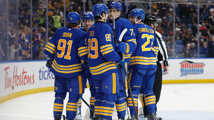 Buffalo Sabres players Alex Tuch, Tage Thompson, Rasmus Dahlin, Mattias Samuelsson and Josh Doan Buffalo Sabres players Alex Tuch, Tage Thompson, Rasmus Dahlin, Mattias Samuelsson and Josh Doan