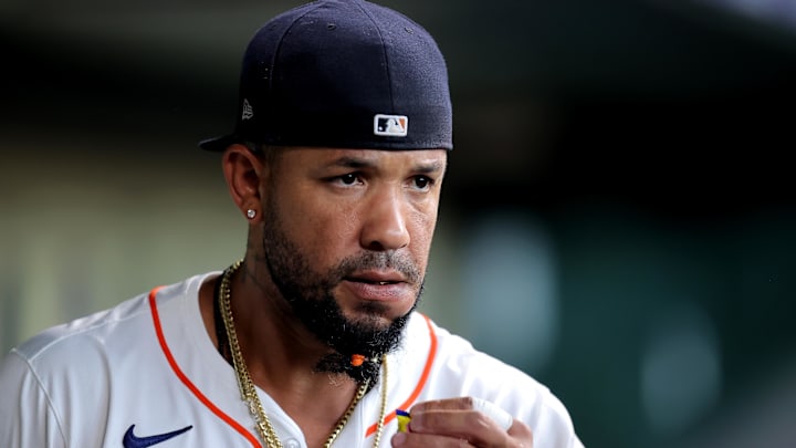 Former Houston Astros first baseman Jose Abreu (79) in the dugout prior to the game against the Minnesota Twins at Minute Maid Park.