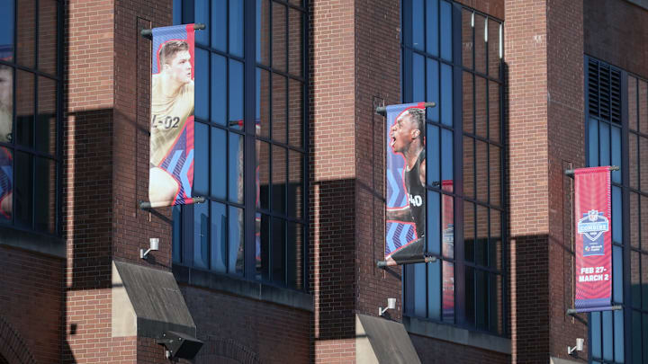 Mar 2, 2025; Indianapolis, IN, USA; NFL Scouting Combine banners at Lucas Oil Stadium. Mandatory Credit: Kirby Lee-Imagn Images