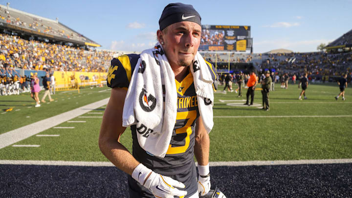 Sep 21, 2024; Morgantown, West Virginia, USA; West Virginia Mountaineers wide receiver Hudson Clement (3) celebrates after defeating the Kansas Jayhawks at Mountaineer Field at Milan Puskar Stadium. Mandatory Credit: Ben Queen-Imagn Images Sep 21, 2024; Morgantown, West Virginia, USA; West Virginia Mountaineers wide receiver Hudson Clement (3) celebrates after defeating the Kansas Jayhawks at Mountaineer Field at Milan Puskar Stadium. Mandatory Credit: Ben Queen-Imagn Images