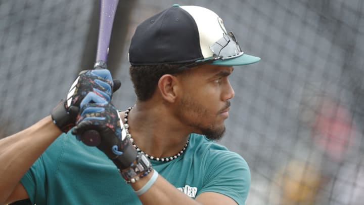 Aug 16, 2024; Pittsburgh, Pennsylvania, USA;  Seattle Mariners designated hitter outfielder Julio Rodriguez (44) in the batting cage before a game against the Pittsburgh Pirates at PNC Park. Mandatory Credit: Charles LeClaire-Imagn Images