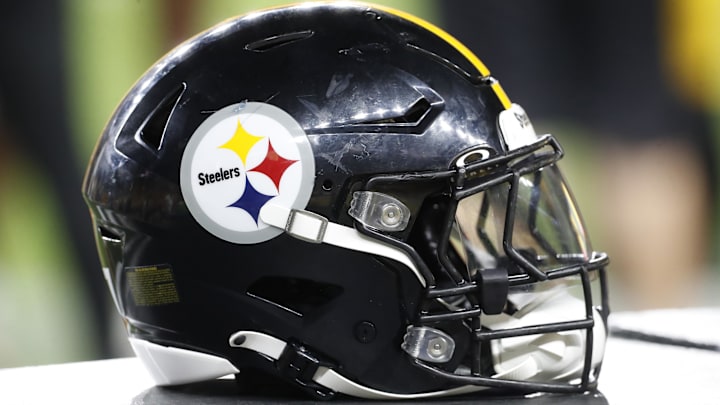 Aug 9, 2024; Pittsburgh, Pennsylvania, USA;  A Pittsburgh Steelers helmet sits on an equipment trunk during the game against the Houston Texans during the fourth quarter at Acrisure Stadium. Mandatory Credit: Charles LeClaire-Imagn Images
