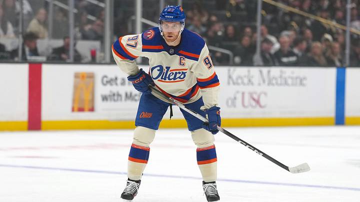 Oct 13, 2026; Los Angeles, California, USA; Edmonton Oilers center Connor McDavid (97) reacts against the LA Kings in the first period at Crypto.com Arena. Mandatory Credit: Kirby Lee-Imagn Images