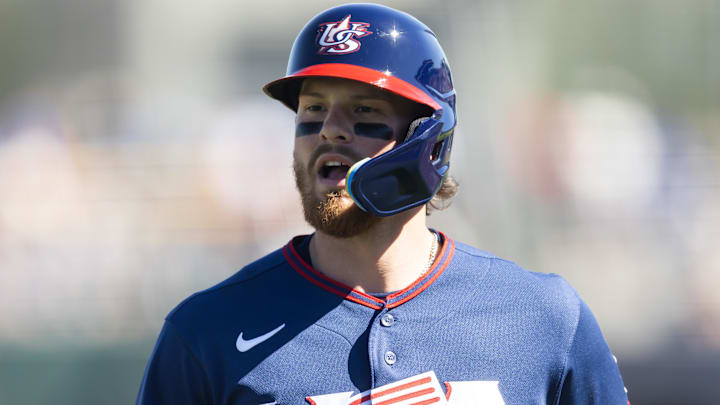 Mar 3, 2026; Scottsdale, AZ, USA; Team USA shortstop Bobby Witt Jr against the San Francisco Giants during a spring training game at Scottsdale Stadium. Mandatory Credit: Mark J. Rebilas-Imagn Images