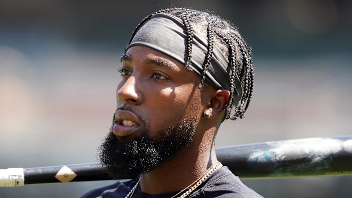 Jul 18, 2021; Oakland, California, USA; Cleveland Indians right fielder Daniel Johnson (23) walks on the field before the game against the Oakland Athletics at RingCentral Coliseum. 