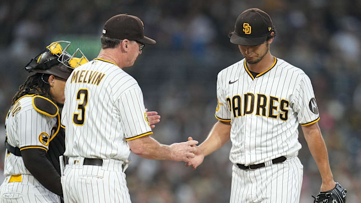 San Diego Padres starting pitcher Yu Darvish and manager Bob Melvin