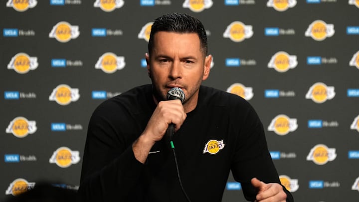 Dec 25, 2024; San Francisco, California, USA; Los Angeles Lakers head coach JJ Redick talks to media members before the game against the Golden State Warriors at Chase Center. Mandatory Credit: Darren Yamashita-Imagn Images Dec 25, 2024; San Francisco, California, USA; Los Angeles Lakers head coach JJ Redick talks to media members before the game against the Golden State Warriors at Chase Center. Mandatory Credit: Darren Yamashita-Imagn Images