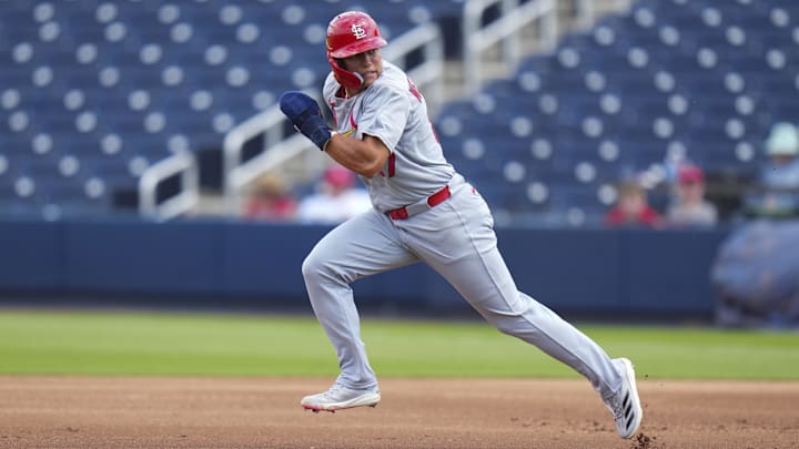 Mar 5, 2025; West Palm Beach, Florida, USA; St. Louis Cardinals left feilder JJ Wetherholt (87) runs to second base against the Houston Astros during the second inning at CACTI Park of the Palm Beaches. Mandatory Credit: Rich Storry-Imagn Images