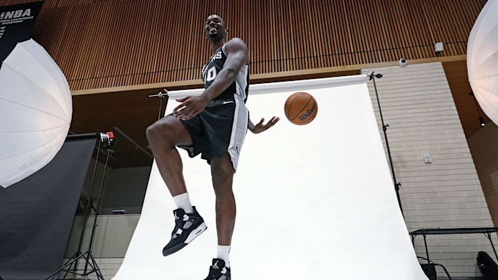 Sep 30, 2024; San Antonio, TX, USA; San Antonio Spurs  forward Harrison Barnes (40) poses for photos during Media Day at Victory Capital Performance Center in San Antonio.