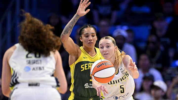 Dallas Wings guard Paige Bueckers (5) passes the ball to Dallas Wings forward Maddy Siegrist (20) during the second half against the Seattle Storm at College Park Center. Mandatory Credit: Jerome Miron-Imagn Images
