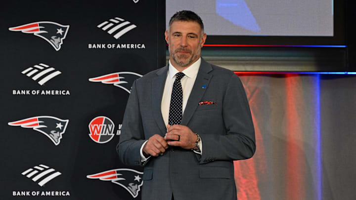 Jan 13, 2025; Foxborough, MA, USA; Mike Vrabel listens as New England Patriots owner Robert Kraft (not photographed) introduces him to the media as the new head coach of the New England Patriots at Gillette Stadium.