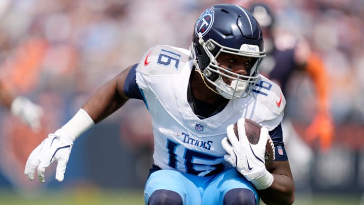 Tennessee Titans wide receiver Treylon Burks (16) runs against the Chicago Bears during the third quarter at Soldier Field in Chicago, Ill., Sunday, Sept. 8, 2024.