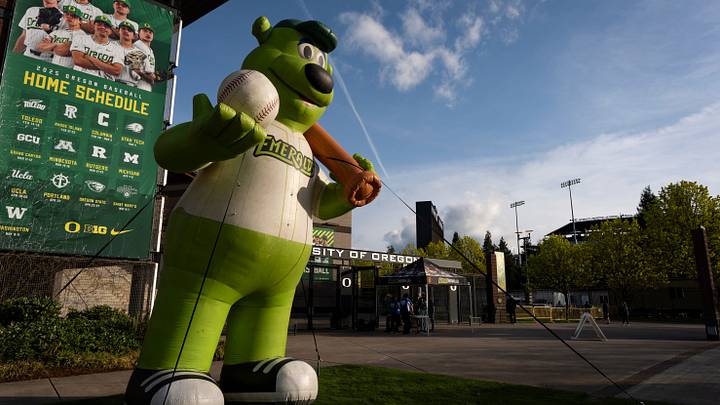 A giant inflatable Sluggo stands watch over the entrance to PK Park during the Eugene Emeralds home opener Wednesday, April 9, 2025, in Eugene, Ore.