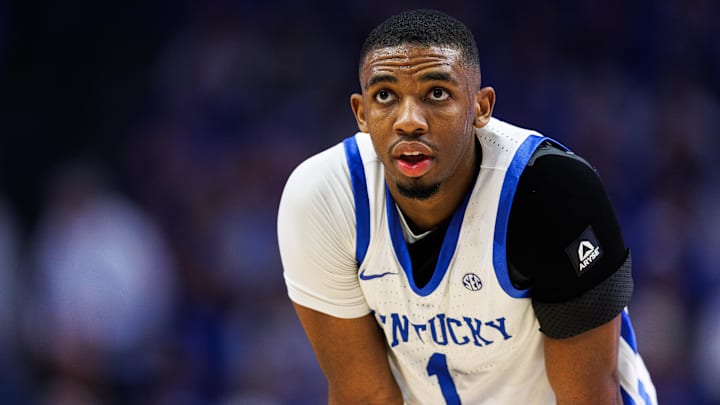 Mar 1, 2025; Lexington, Kentucky, USA; Kentucky Wildcats guard Lamont Butler (1) looks on during the second half against the Auburn Tigers at Rupp Arena at Central Bank Center. Mandatory Credit: Jordan Prather-Imagn Images