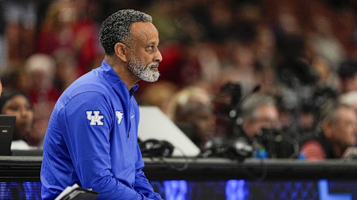 Mar 7, 2025; Greenville, SC, USA; Kentucky Wildcats head coach Kenny Brooks watches his team during the second half against the Oklahoma Sooners at Bon Secours Wellness Arena. Mandatory Credit: Jim Dedmon-Imagn Images