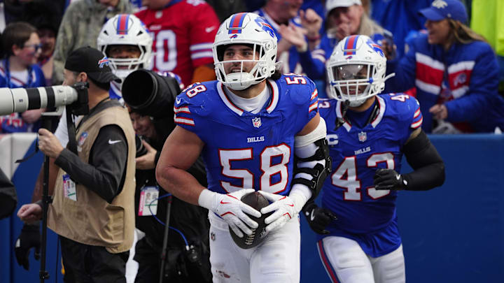 Dec 29, 2024; Orchard Park, New York, USA; Buffalo Bills linebacker Matt Milano (58) after recovering a fumble against the New York Jets during the second half at Highmark Stadium. Dec 29, 2024; Orchard Park, New York, USA; Buffalo Bills linebacker Matt Milano (58) after recovering a fumble against the New York Jets during the second half at Highmark Stadium.