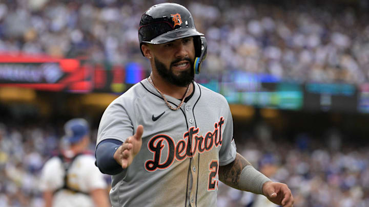 Mar 27, 2025; Los Angeles, California, USA; Detroit Tigers second base Gleyber Torres (25) reacts after scoring a run against the Los Angeles Dodgers during the fifth inning at Dodger Stadium.