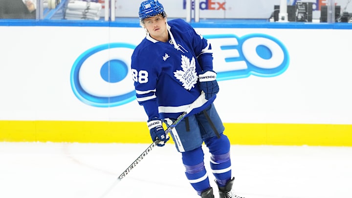 Oct 12, 2024; Toronto, Ontario, CAN; Toronto Maple Leafs right wing William Nylander (88) skates during the warmup before a game against the Pittsburgh Penguins at Scotiabank Arena. Mandatory Credit: Nick Turchiaro-Imagn Images