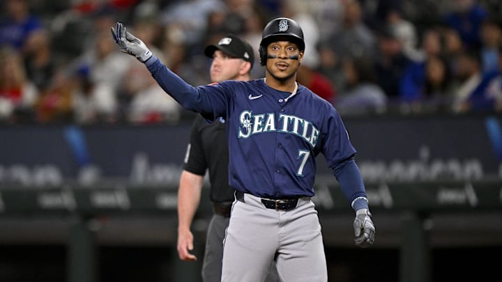May 2, 2025; Arlington, Texas, USA; Seattle Mariners designated hitter Jorge Polanco (7) motions to the dugout after he hits a single against the Texas Rangers during the first inning at Globe Life Field. Mandatory Credit: Jerome Miron-Imagn Images May 2, 2025; Arlington, Texas, USA; Seattle Mariners designated hitter Jorge Polanco (7) motions to the dugout after he hits a single against the Texas Rangers during the first inning at Globe Life Field. Mandatory Credit: Jerome Miron-Imagn Images