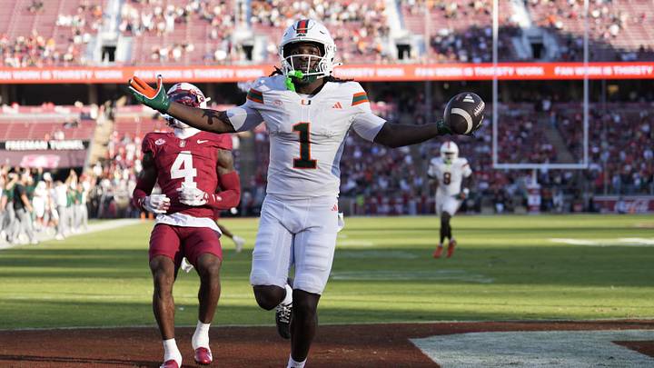 Sep 4, 2026; Stanford, California, USA; Miami Hurricanes wide receiver Malachi Toney (1) reacts after scoring a touchdown against the Stanford Cardinal during the first quarter at Stanford Stadium. Mandatory Credit: Stan Szeto-Imagn Images Sep 4, 2026; Stanford, California, USA; Miami Hurricanes wide receiver Malachi Toney (1) reacts after scoring a touchdown against the Stanford Cardinal during the first quarter at Stanford Stadium. Mandatory Credit: Stan Szeto-Imagn Images