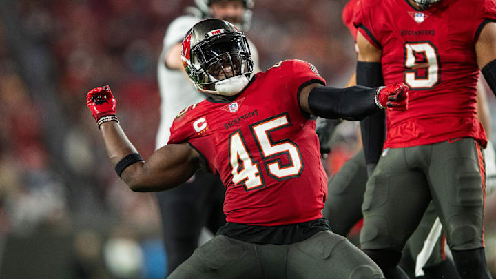 Dec 24, 2023; Tampa, Florida, USA; Tampa Bay Buccaneers linebacker Devin White (45) celebrates a sack against the Jacksonville Jaguars at Raymond James Stadium. Mandatory Credit: Jeremy Reper-Imagn Images