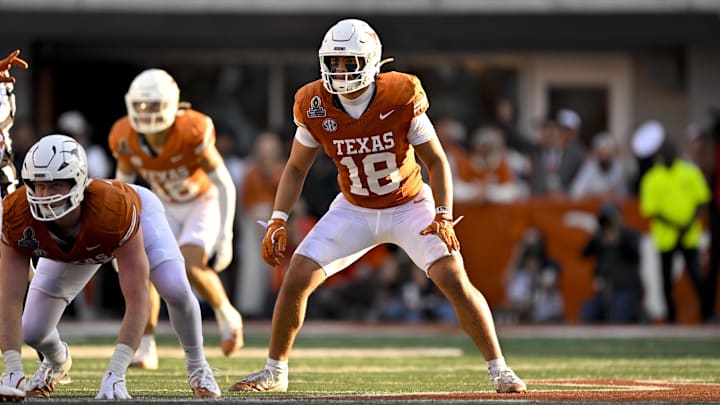 Dec 21, 2024; Austin, Texas, USA; Texas Longhorns linebacker Liona Lefau (18) in action during the game between the Texas Longhorns and the Clemson Tigers in the CFP National Playoff First Round at Darrell K Royal-Texas Memorial Stadium. Mandatory Credit: Jerome Miron-Imagn Images