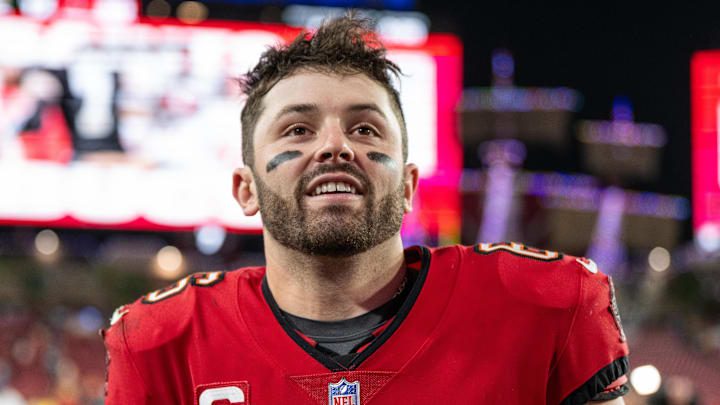 Dec 24, 2023; Tampa, Florida, USA; Tampa Bay Buccaneers quarterback Baker Mayfield (6) all smiles after the win against the Jacksonville Jaguars at Raymond James Stadium. Mandatory Credit: Jeremy Reper-Imagn Images