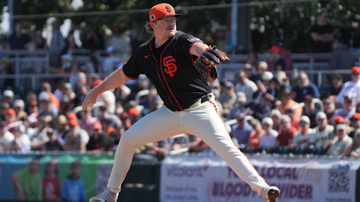 Mar 15, 2025; Scottsdale, Arizona, USA; San Francisco Giants pitcher Logan Webb (62) throws against the Seattle Mariners in the first inning at Scottsdale Stadium. Mar 15, 2025; Scottsdale, Arizona, USA; San Francisco Giants pitcher Logan Webb (62) throws against the Seattle Mariners in the first inning at Scottsdale Stadium.
