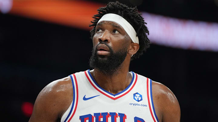 Feb 7, 2026; Phoenix, Arizona, USA; Philadelphia 76ers center Joel Embiid (21) reacts against the Phoenix Suns during the first half of an NBA game at Mortgage Matchup Center. Mandatory Credit: Rick Scuteri-Imagn Images