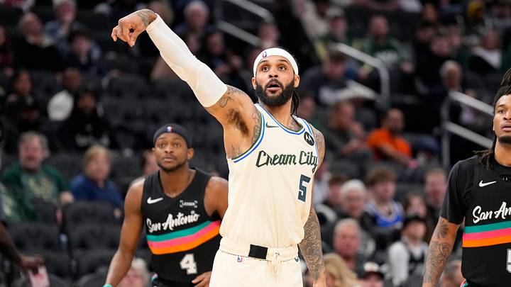 Mar 28, 2026; Milwaukee, Wisconsin, USA;  Milwaukee Bucks guard Gary Trent Jr. (5) during the game against the San Antonio Spurs at Fiserv Forum. Mandatory Credit: Jeff Hanisch-Imagn Images