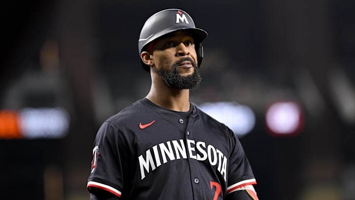 Sep 24, 2025; Arlington, Texas, USA; Minnesota Twins designated hitter Byron Buxton (25) looks on during the sixth inning against the Texas Rangers at Globe Life Field. Mandatory Credit: Jerome Miron-Imagn Images Sep 24, 2025; Arlington, Texas, USA; Minnesota Twins designated hitter Byron Buxton (25) looks on during the sixth inning against the Texas Rangers at Globe Life Field. Mandatory Credit: Jerome Miron-Imagn Images