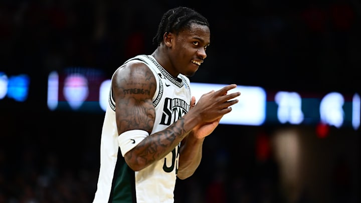 Mar 23, 2025; Cleveland, OH, USA; Michigan State Spartans forward Coen Carr (55) reacts after defeating the New Mexico Lobos during the NCAA Tournament Second Round at Rocket Arena. Mandatory Credit: Ken Blaze-Imagn Images Mar 23, 2025; Cleveland, OH, USA; Michigan State Spartans forward Coen Carr (55) reacts after defeating the New Mexico Lobos during the NCAA Tournament Second Round at Rocket Arena. Mandatory Credit: Ken Blaze-Imagn Images