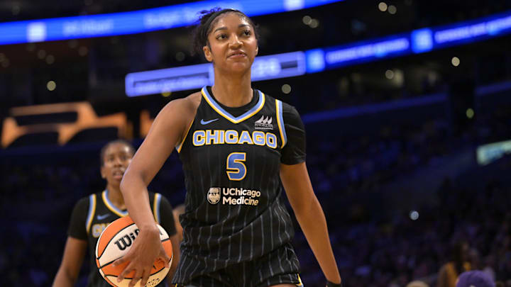 Jun 29, 2025; Los Angeles, California, USA; Chicago Sky forward Angel Reese (5) reacts after being called for a technical foul in the second half against the Los Angeles Sparks at Crypto.com Arena. Mandatory Credit: Jayne Kamin-Oncea-Imagn Images Jun 29, 2025; Los Angeles, California, USA; Chicago Sky forward Angel Reese (5) reacts after being called for a technical foul in the second half against the Los Angeles Sparks at Crypto.com Arena. Mandatory Credit: Jayne Kamin-Oncea-Imagn Images