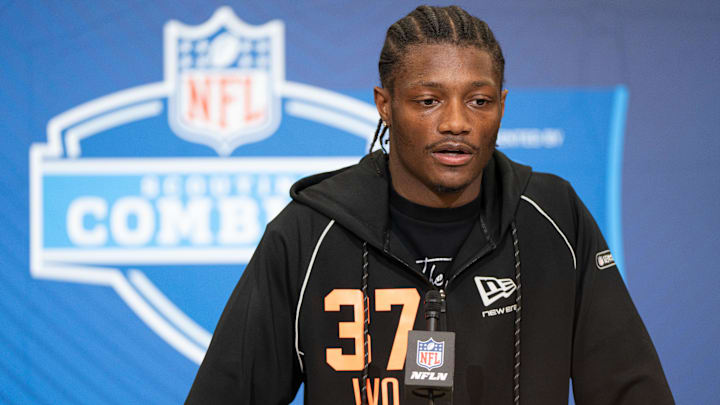 Ohio State wideout Carnell Tate (WO37) speaks to members of the media during the NFL Combine at the Indiana Convention Center. 