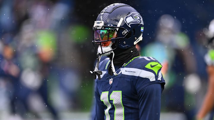 Dec 22, 2024; Seattle, Washington, USA; Seattle Seahawks wide receiver Jaxon Smith-Njigba (11) during warmups before the game against the Minnesota Vikings at Lumen Field. Mandatory Credit: Steven Bisig-Imagn Images