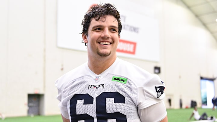 Jun 10, 2025; Foxborough, MA, USA; New England Patriots offensive tackle Will Campbell (66) speaks to the media after minicamp held in the WIN Field House at Gillette Stadium. Mandatory Credit: Eric Canha-Imagn Images