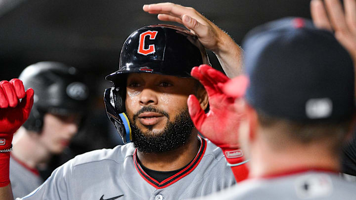 Apr 14, 2026: Cleveland Guardians right fielder George Valera (7) is congratulated by teammates after hitting a one run double against the St. Louis Cardinals during the eighth inning at Busch Stadium. 