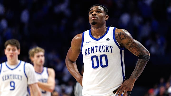 Feb 17, 2026; Lexington, Kentucky, USA; Kentucky Wildcats guard Otega Oweh (00) looks on during the second half against the Georgia Bulldogs at Rupp Arena at Central Bank Center. Mandatory Credit: Jordan Prather-Imagn Images