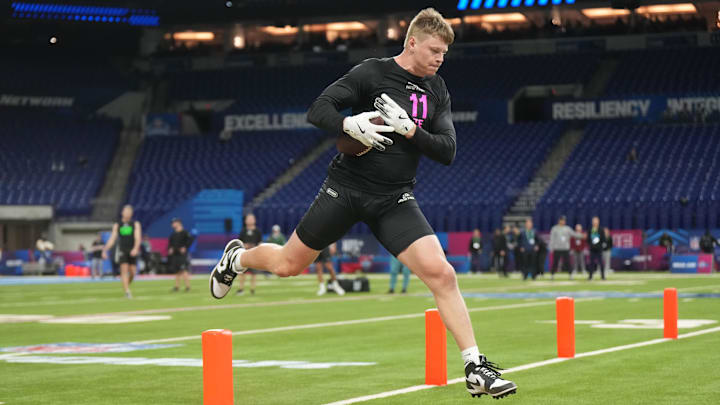 Georgia Tech tight end Jackson Hawes participates in drills during the 2025 NFL Combine at Lucas Oil Stadium.