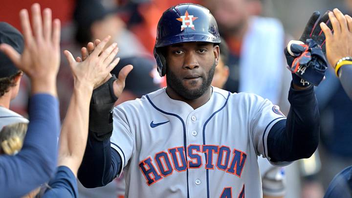 Astros designated hitter Yordan Alvarez (44) is greeted in the dugout after scoring a run in the third inning against the Los Angeles Angels Astros designated hitter Yordan Alvarez (44) is greeted in the dugout after scoring a run in the third inning against the Los Angeles Angels