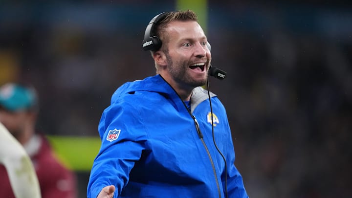 Oct 19, 2025; London, United Kingdom; Los Angeles Rams head coach Sean McVay reacts after a play against the Jacksonville Jaguars during the second half of an NFL International Series game at Wembley Stadium. Mandatory Credit: Kirby Lee-Imagn Images Oct 19, 2025; London, United Kingdom; Los Angeles Rams head coach Sean McVay reacts after a play against the Jacksonville Jaguars during the second half of an NFL International Series game at Wembley Stadium. Mandatory Credit: Kirby Lee-Imagn Images