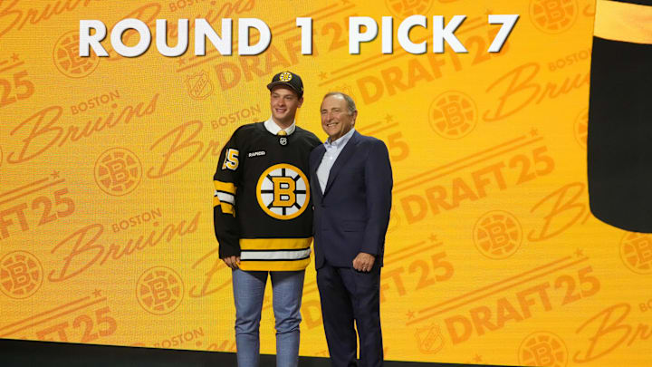 Jun 27, 2025; Los Angeles, California, USA; James Hagens is selected as the seventh overall pick to the Boston Bruins in the first round of the 2025 NHL Draft at Peacock Theater. Mandatory Credit: Kirby Lee-Imagn Images