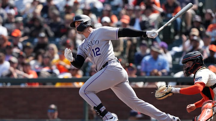 May 3, 2025; San Francisco, California, USA; Colorado Rockies right fielder Sean Bouchard (12) bats against the San Francisco Giants during the eighth inning at Oracle Park. Mandatory Credit: Darren Yamashita-Imagn Images