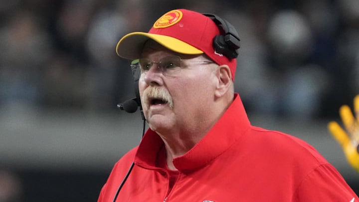 Nov 26, 2023; Paradise, Nevada, USA; Kansas City Chiefs coach Andy Reid watches from the sidelines against the Las Vegas Raiders in the second half at Allegiant Stadium. Mandatory Credit: Kirby Lee-Imagn Images