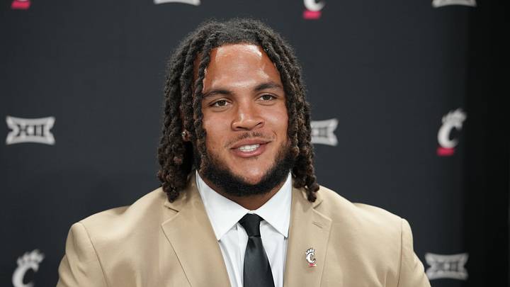 Jul 8, 2026; Frisco, TX, USA;  Cincinnati offensive lineman Evan Tengesdahl speaks with reporters during Big 12 Conference Football Media Days at The Star. Mandatory Credit: Raymond Carlin III-Imagn Images
