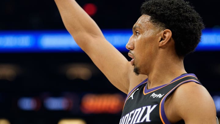 Dec 14, 2025; Phoenix, Arizona, USA; Phoenix Suns forward Ryan Dunn (0) reacts after a three-point basket during the first half against the Los Angeles Lakers at Mortgage Matchup Center. Mandatory Credit: Allan Henry-Imagn Images