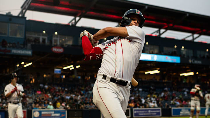 Roman Anthony takes a practice swing prior to an at-bat with the Worcester Red Sox on Aug. 14 at Polar Park.