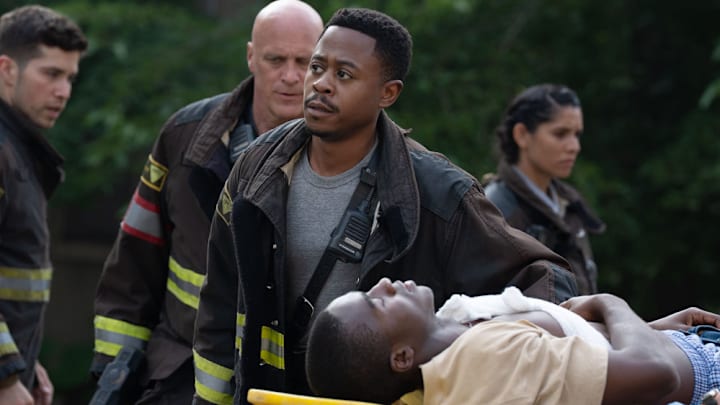 CHICAGO FIRE -- "Kicking Down Doors" Episode 1401 -- Pictured: (l-r) Brandon Larracuente as Sal Vasquez, Randy Flagler as Harold Capp, Daniel Kyri as Darren Ritter, Miranda Rae Mayo as Stella Kidd -- 