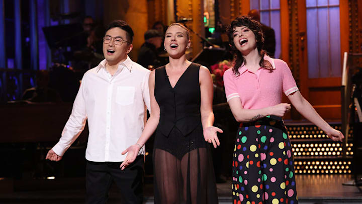SATURDAY NIGHT LIVE -- Episode 1884 -- Pictured: (l-r) Bowen Yang, host Scarlett Johansson, and Sarah Sherman during the monologue on Saturday, May 17, 2025 