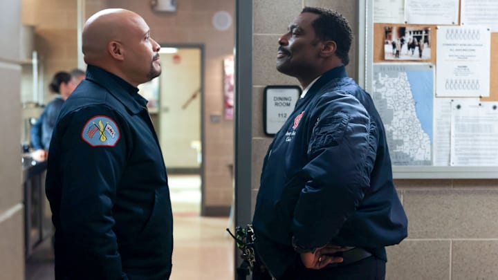 CHICAGO FIRE -- "Trapped" Episode 12003 -- Pictured: (l-r) Joe Minoso as Joe Cruz, Eamonn Walker as Chief Wallace Boden-- (Photo by: Adrian S Burrows Sr/NBC)